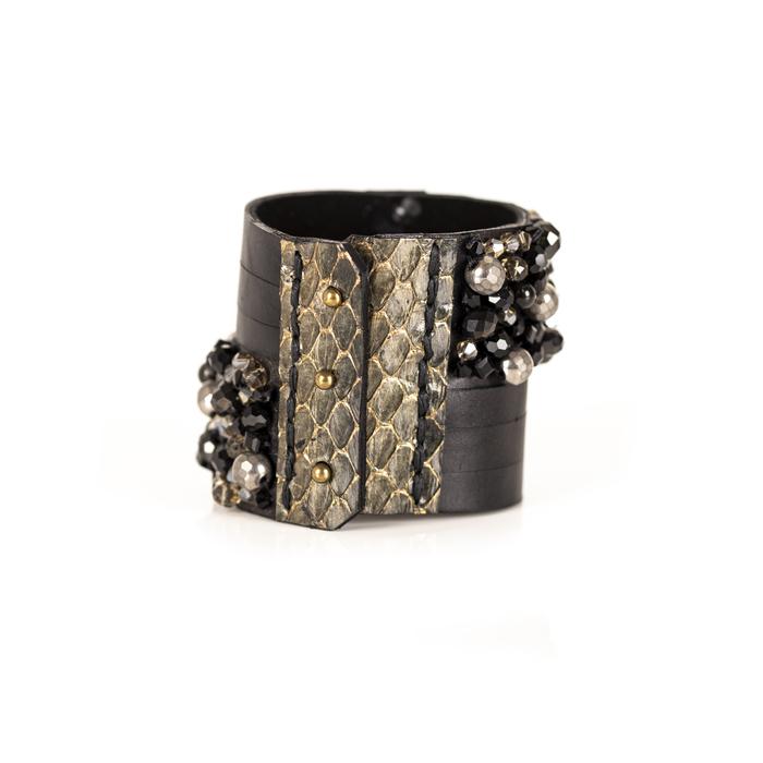 Black leather cuff bracelet with python leather detail and crystal bead embellishments, handmade statement bracelet by THE DARK