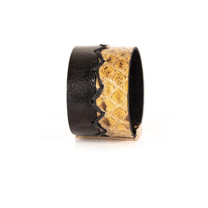 Golden python leather cuff bracelet with black leather contrast and zigzag stitch detail, handmade exotic leather bracelet by THE DARK