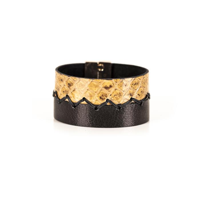 Golden python leather cuff bracelet with black leather contrast and zigzag stitch detail, handmade exotic leather bracelet by THE DARK