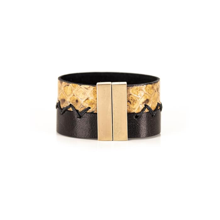 Golden python leather cuff bracelet with black leather contrast and zigzag stitch detail, handmade exotic leather bracelet by THE DARK