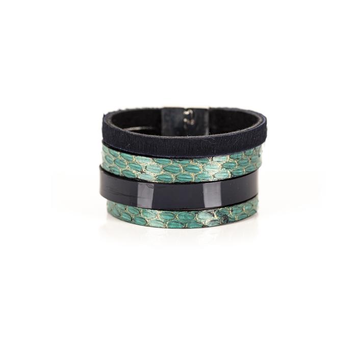 Green python leather cuff bracelet with glossy black center band, handmade exotic leather bracelet by THE DARK