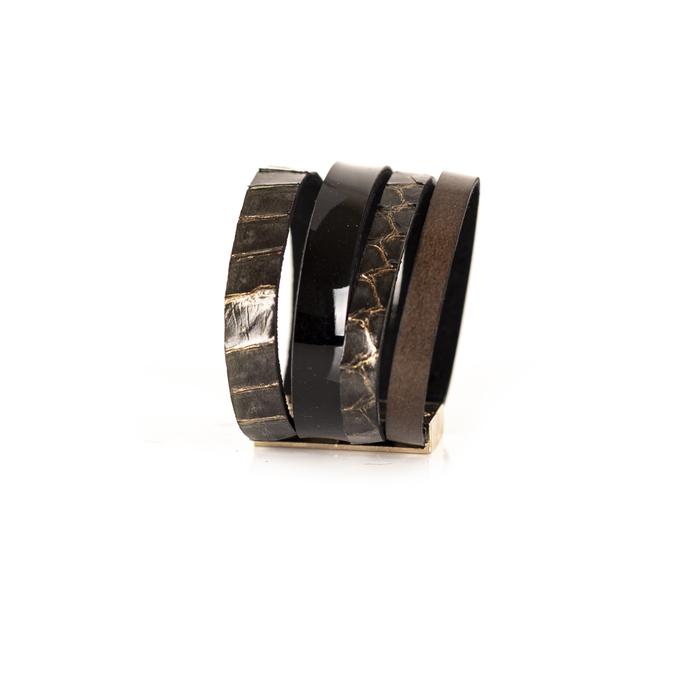 Black python leather layered cuff bracelet with glossy black band, handmade exotic leather bracelet by THE DARK