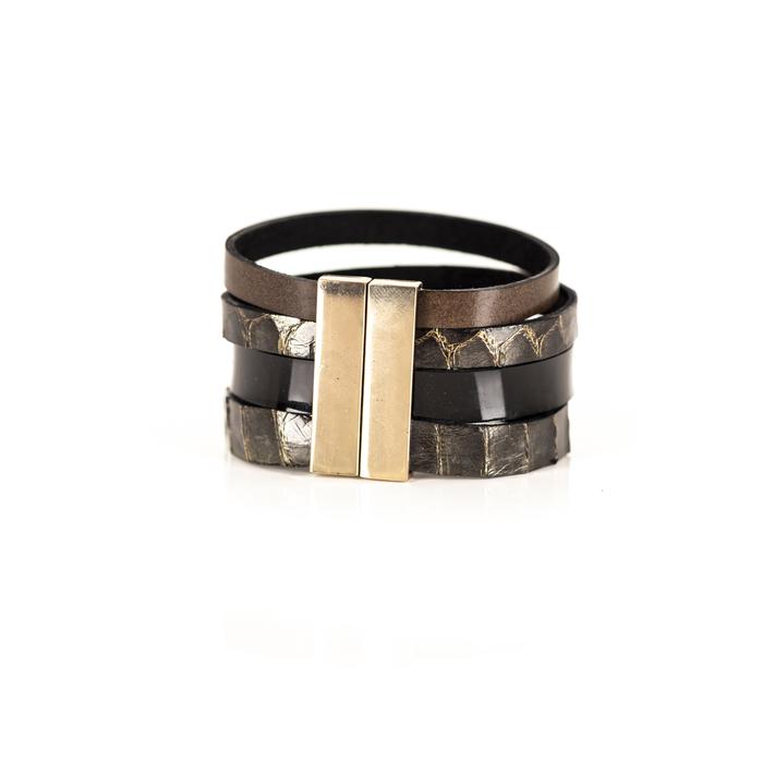 Black python leather layered cuff bracelet with glossy black band, handmade exotic leather bracelet by THE DARK