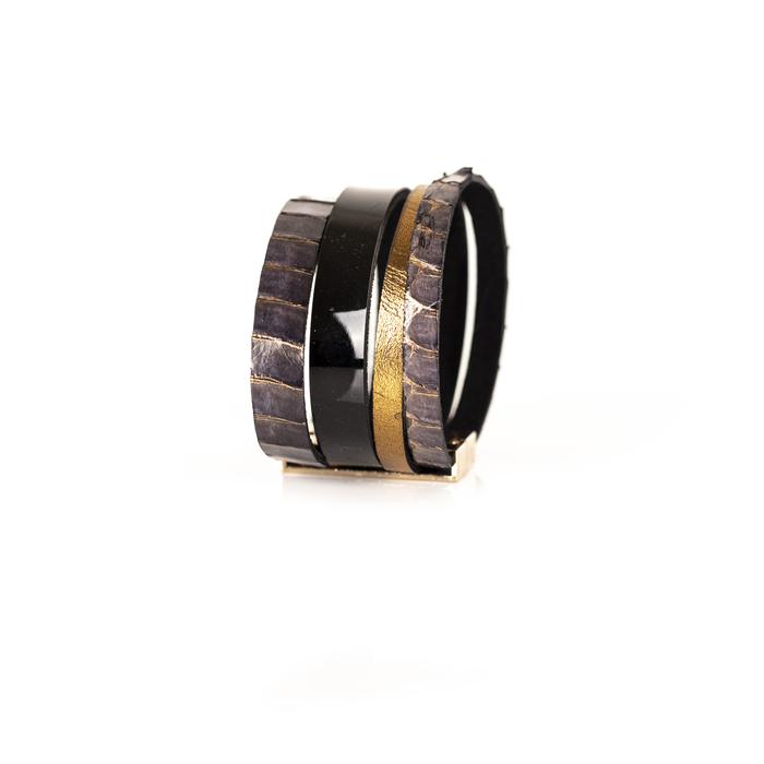 Brown python leather layered cuff bracelet with glossy black and gold leather bands, handmade exotic leather bracelet by THE DARK