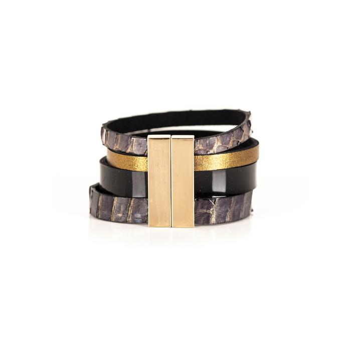 Brown python leather layered cuff bracelet with glossy black and gold leather bands, handmade exotic leather bracelet by THE DARK