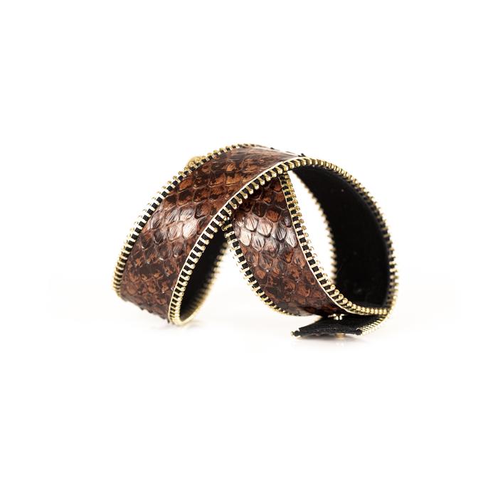 Brown python leather cuff bracelet with gold zipper edge detail, handmade exotic leather bracelet by THE DARK