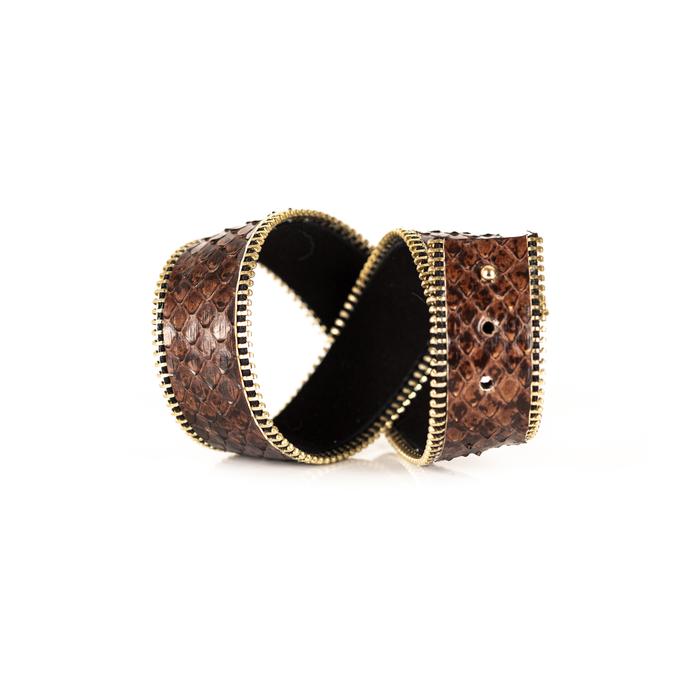 Brown python leather cuff bracelet with gold zipper edge detail, handmade exotic leather bracelet by THE DARK