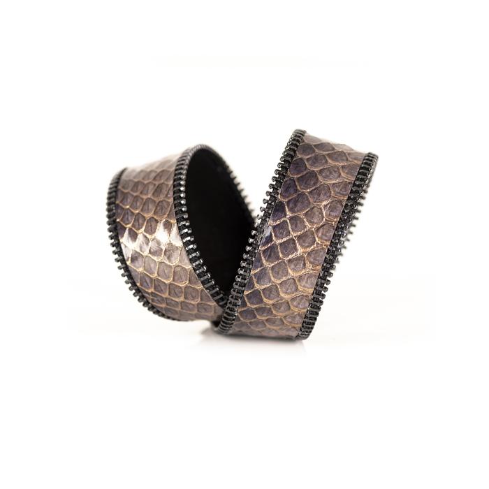 Brown python leather cuff bracelet with industrial zipper edge detail, handmade exotic leather bracelet by THE DARK