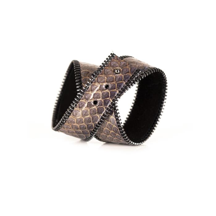 Brown python leather cuff bracelet with industrial zipper edge detail, handmade exotic leather bracelet by THE DARK