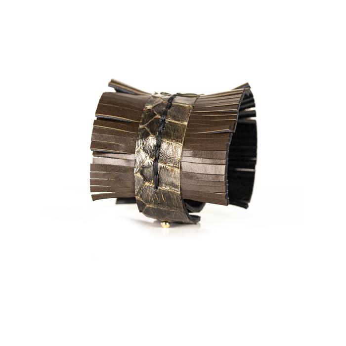 Handmade brown leather fringe cuff bracelet with python leather center strip, sculptural statement bracelet by THE DARK