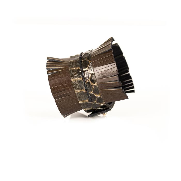 Handmade brown leather fringe cuff bracelet with python leather center strip, sculptural statement bracelet by THE DARK.