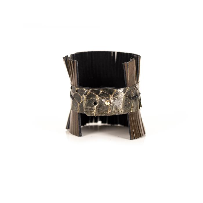 Handmade brown leather fringe cuff bracelet with python leather center strip, sculptural statement bracelet by THE DARK