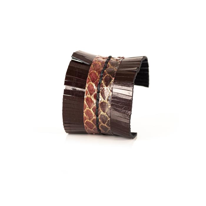 Handmade brown leather fringe cuff bracelet with python leather center panel, statement leather bracelet by THE DARK