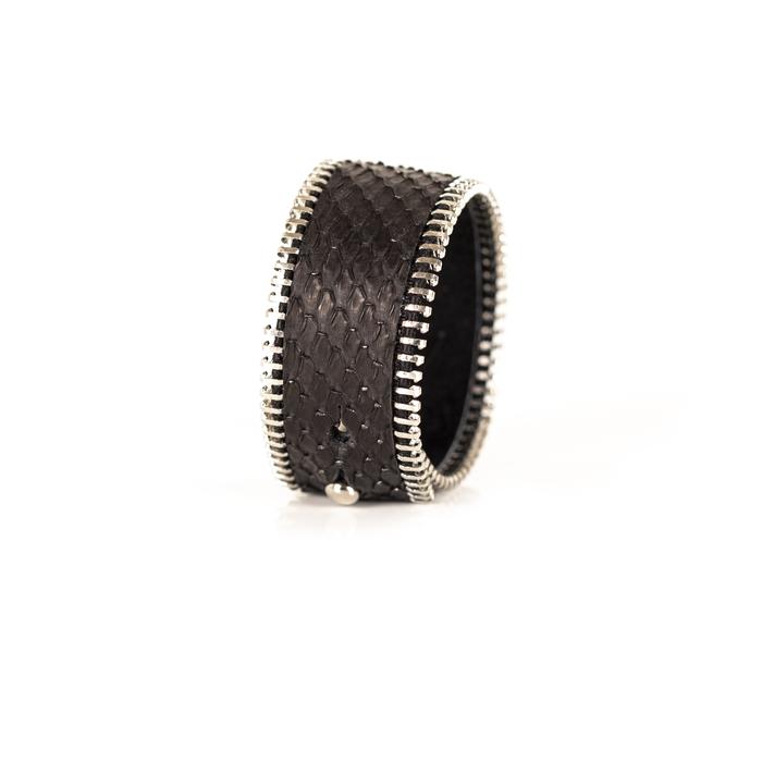 Brown python leather wide cuff bracelet with silver stitched edge detail, handmade exotic leather statement bracelet for women by THE DARK