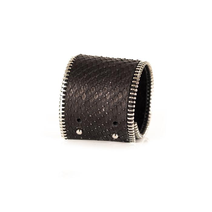Dark brown python leather wide cuff bracelet with silver stitched edge detail, handmade exotic leather statement bracelet for women by THE DARK