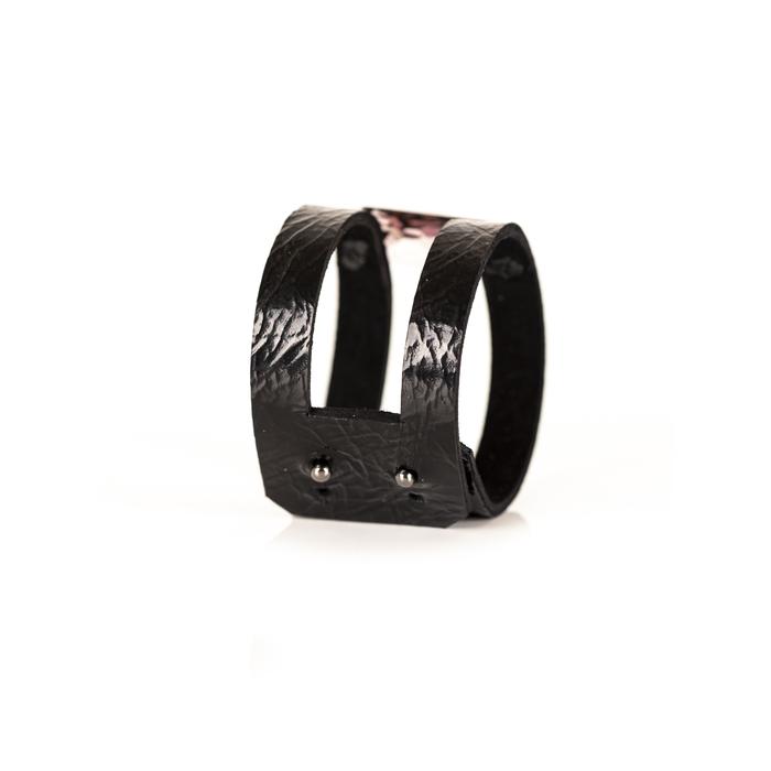 Black leather double strap cuff bracelet with rectangular pink crystal centerpiece, handmade statement bracelet by THE DARK