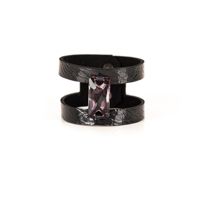 Black leather double strap cuff bracelet with rectangular pink crystal centerpiece, handmade statement bracelet by THE DARK