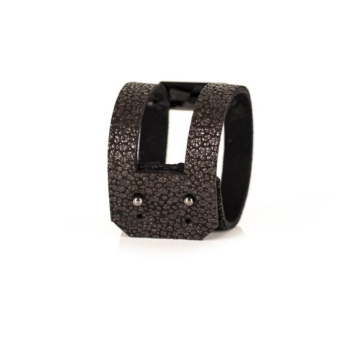 Black stingray leather double strap cuff bracelet with faceted black crystal centerpiece, handmade statement bracelet by THE DARK