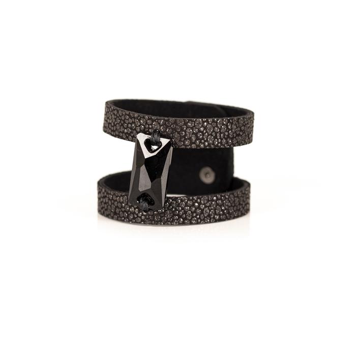 Black stingray leather double strap cuff bracelet with faceted black crystal centerpiece, handmade statement bracelet by THE DARK