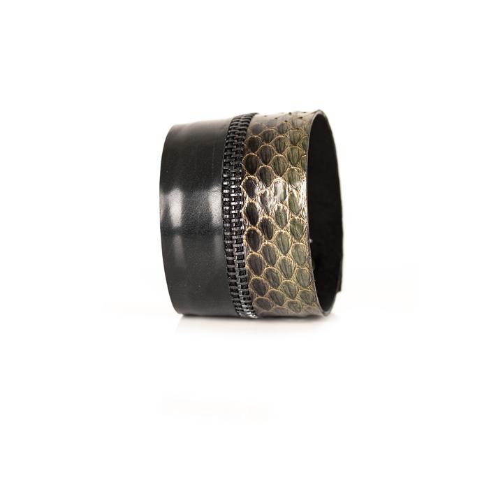 Antique gold python leather cuff bracelet with black zipper detail and dark leather band, handmade exotic leather bracelet by THE DARK