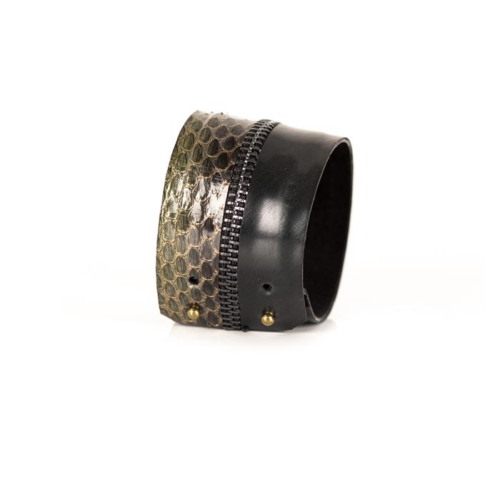 Antique gold python leather cuff bracelet with black zipper detail and dark leather band, handmade exotic leather bracelet by THE DARK