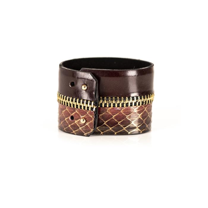 Brown python leather cuff bracelet with gold zipper detail and dark brown leather band, handmade exotic leather bracelet by THE DARK