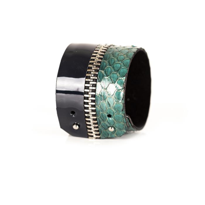 Emerald green python leather cuff bracelet with silver zipper detail and dark leather band, handmade exotic bracelet by THE DARK