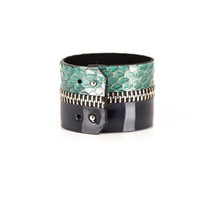 Emerald green python leather cuff bracelet with silver zipper detail and dark leather band, handmade exotic bracelet by THE DARK