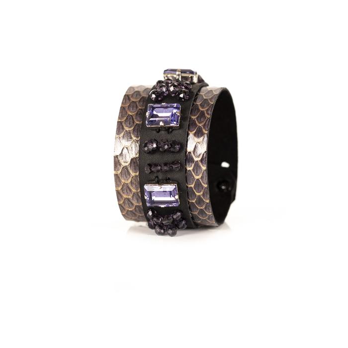 Python leather cuff bracelet with black leather center panel and purple rectangular crystals, handmade luxury statement bracelet for women by THE DARK
