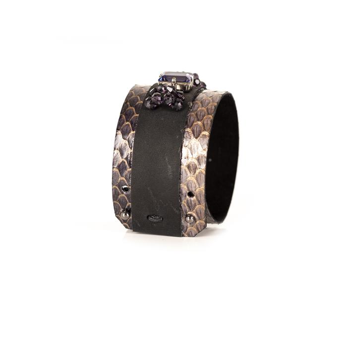 Python leather cuff bracelet with black leather center panel and purple rectangular crystals, handmade luxury statement bracelet for women by THE DARK