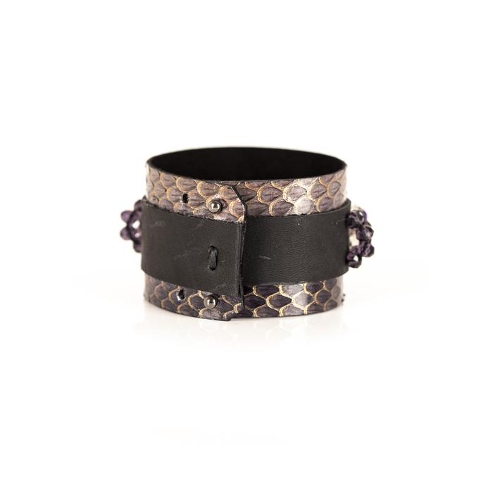 Python leather cuff bracelet with black leather center panel and purple rectangular crystals, handmade luxury statement bracelet for women by THE DARK