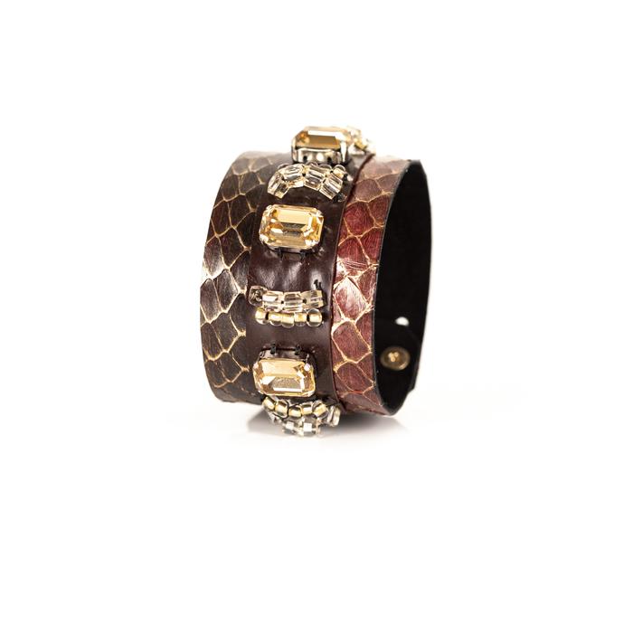 Brown python leather cuff bracelet with black leather center panel and golden rectangular crystals, handmade luxury statement bracelet for women by THE DARK