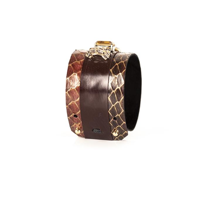 Brown python leather cuff bracelet with black leather center panel and golden rectangular crystals, handmade luxury statement bracelet for women by THE DARK