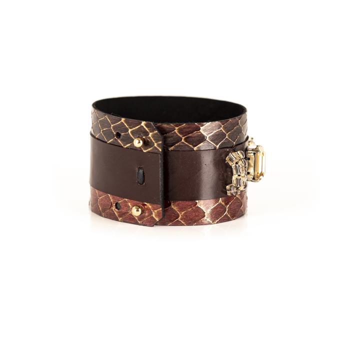 Brown python leather cuff bracelet with black leather center panel and golden rectangular crystals, handmade luxury statement bracelet for women by THE DARK