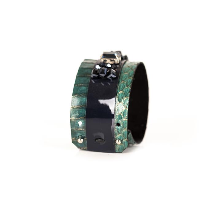 Emerald python leather cuff bracelet with black crystal embellished center band, handmade exotic statement bracelet by THE DARK