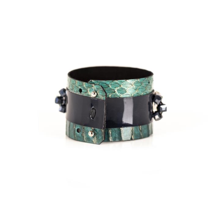 Emerald python leather cuff bracelet with black crystal embellished center band, handmade exotic statement bracelet by THE DARK