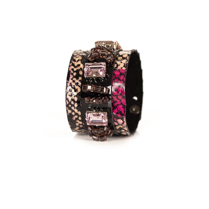 Python leather cuff bracelet with black center panel, fuchsia leather accent and pink rectangular crystals, handmade statement bracelet for women by THE DARK