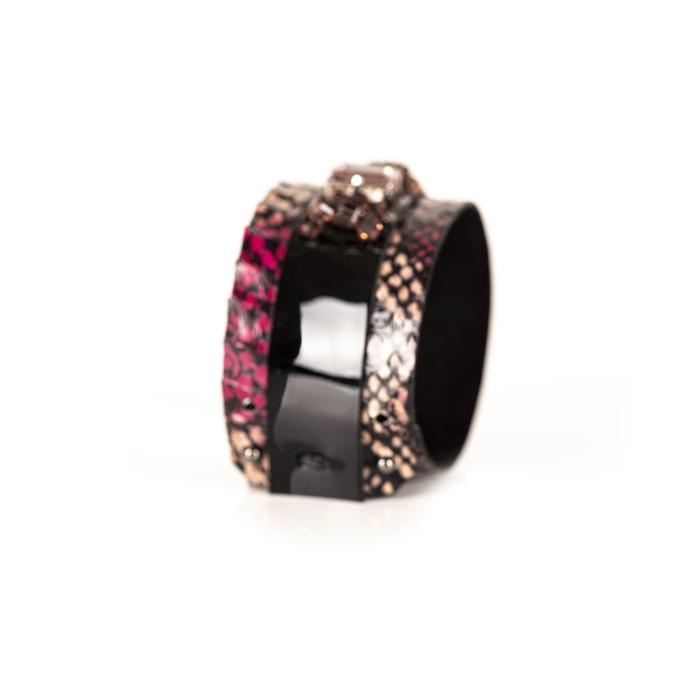 Python leather cuff bracelet with black center panel, fuchsia leather accent and pink rectangular crystals, handmade statement bracelet for women by THE DARK