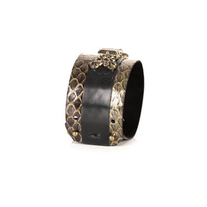 Gold python leather cuff bracelet with black leather center panel and rectangular crystal embellishments, handmade luxury statement bracelet for women by THE DARK
