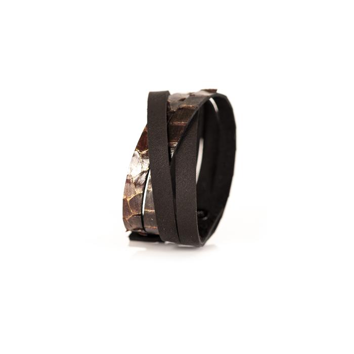 Layered brown python leather cuff bracelet with overlapping leather straps, handmade exotic leather statement bracelet by THE DARK