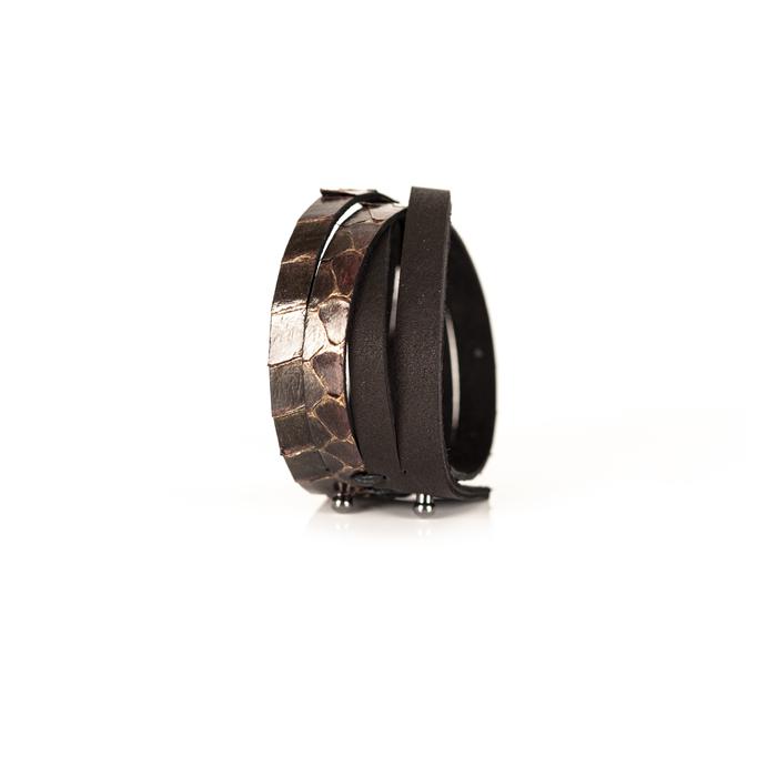 Layered brown python leather cuff bracelet with overlapping leather straps, handmade exotic leather statement bracelet by THE DARK