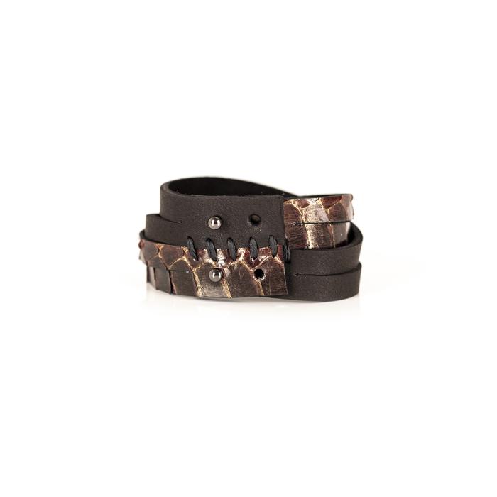 Layered brown python leather cuff bracelet with overlapping leather straps, handmade exotic leather statement bracelet by THE DARK