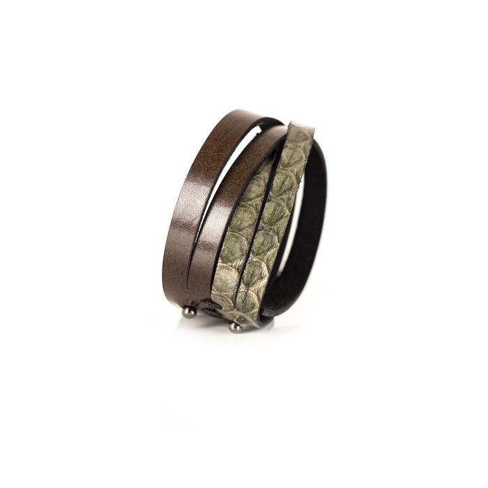 Layered olive python leather cuff bracelet with overlapping brown leather straps, handmade exotic leather statement bracelet by THE DARK