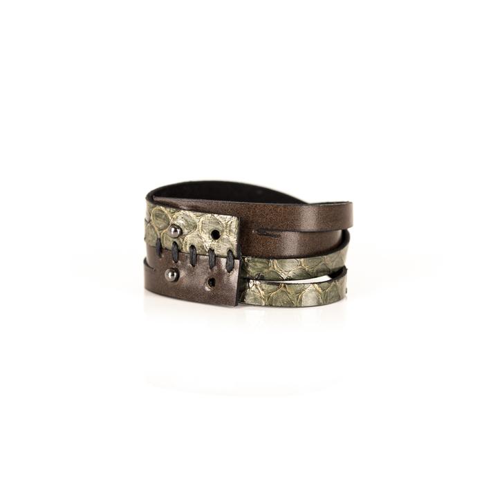 Layered olive python leather cuff bracelet with overlapping brown leather straps, handmade exotic leather statement bracelet by THE DARK