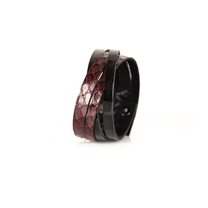 Layered burgundy python leather cuff bracelet with overlapping black leather straps, handmade exotic leather statement bracelet by THE DARK