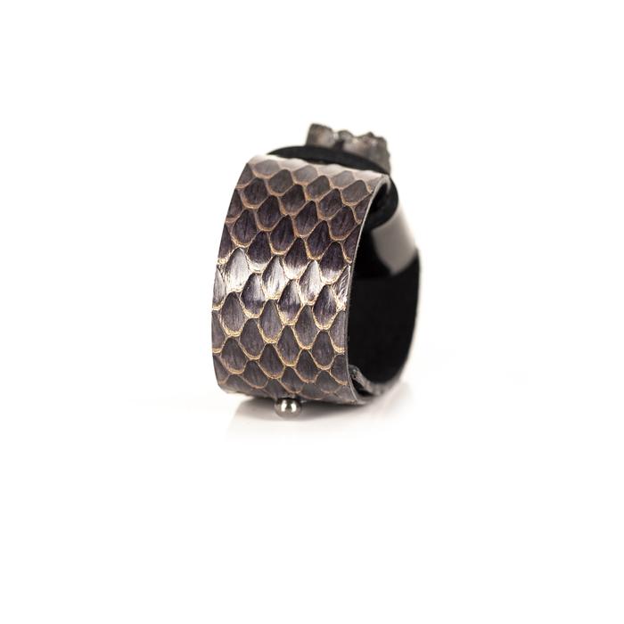 Smoky python leather cuff bracelet with black leather band and dark druzy crystal centerpiece, handmade statement bracelet for women by THE DARK