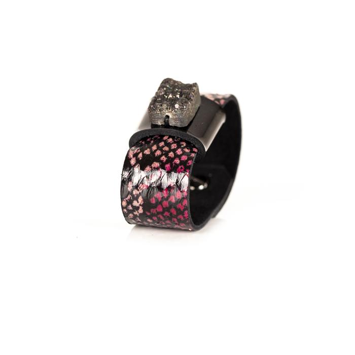 Pink python leather cuff bracelet with black leather band and dark druzy crystal centerpiece, handmade statement bracelet for women by THE DARK