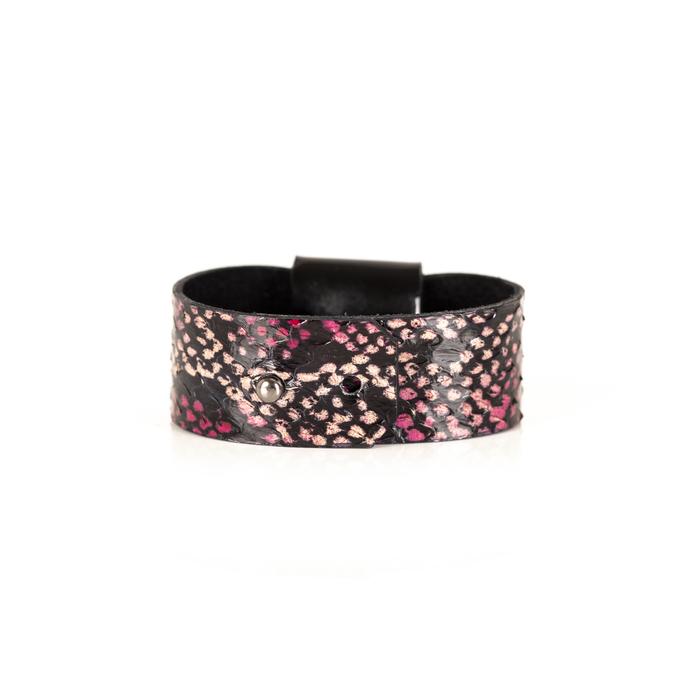 Pink python leather cuff bracelet with black leather band and dark druzy crystal centerpiece, handmade statement bracelet for women by THE DARK