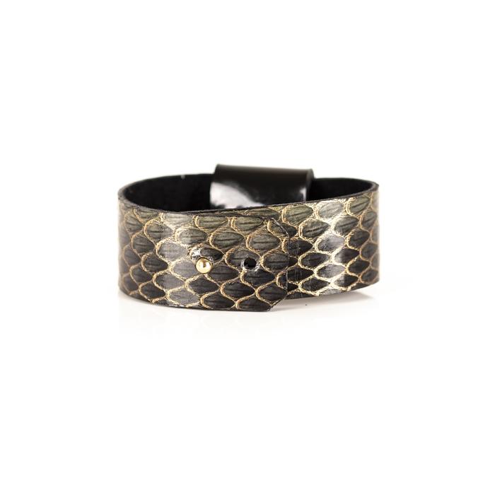 Gold python leather cuff bracelet with black leather band and golden druzy crystal centerpiece, handmade statement bracelet for women by THE DARK