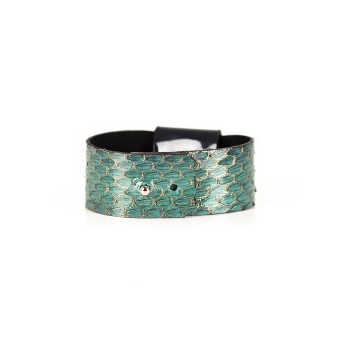 Dark brown python leather wide cuff bracelet with silver stitched edge detail, handmade exotic leather statement bracelet for women by THE DARK